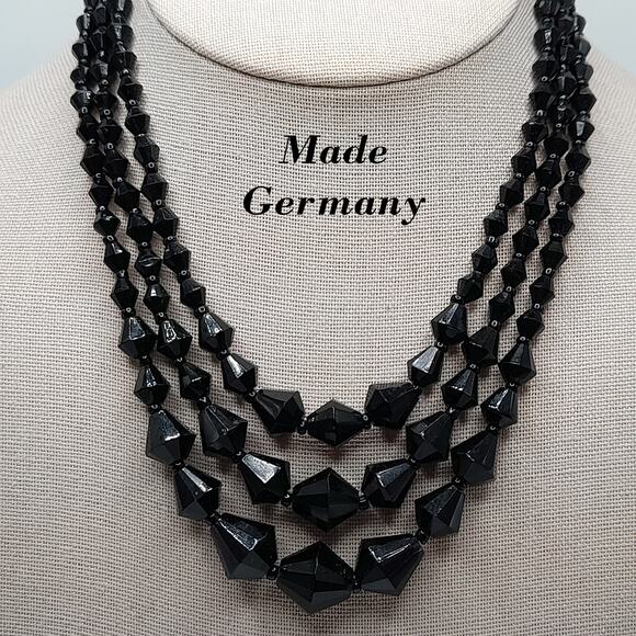 Vintage Germany Black Glass Beaded Necklace, 16", 1940s - Picture 1 of 10